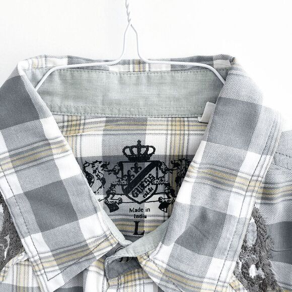 Guess Mens Plaid Embroidered Pearl Snap Button Up Western Shirt Gray Large - Picture 5 of 9